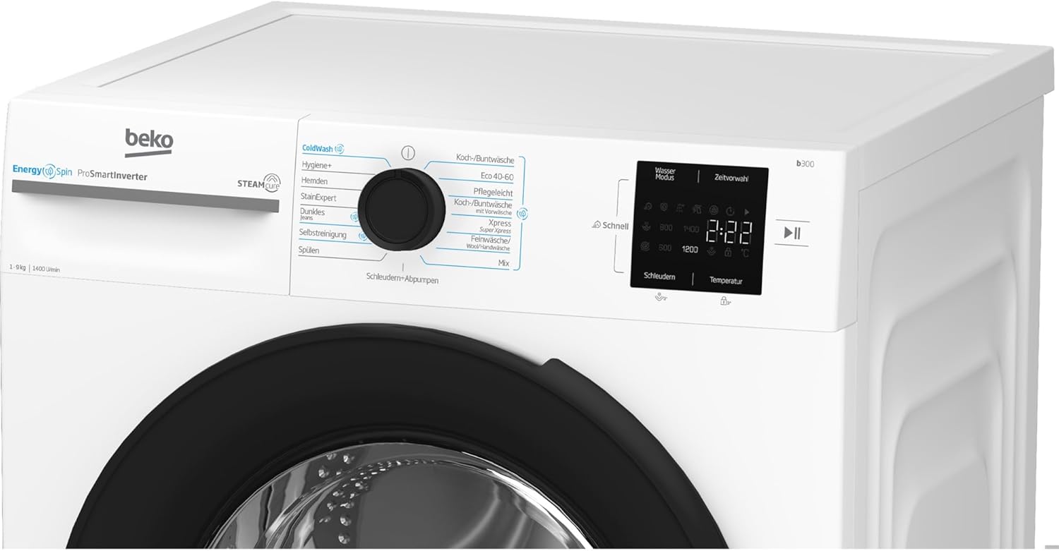 Beko BM3WFU3941X freistehende Waschmaschine, Waschvollautomat, 9 kg, EnergySpin, Schleuderwahl 1400 U/min, Hygiene+ allergikergeeignet, Coldwash Wasser-& Zeitersparnis, Weiß