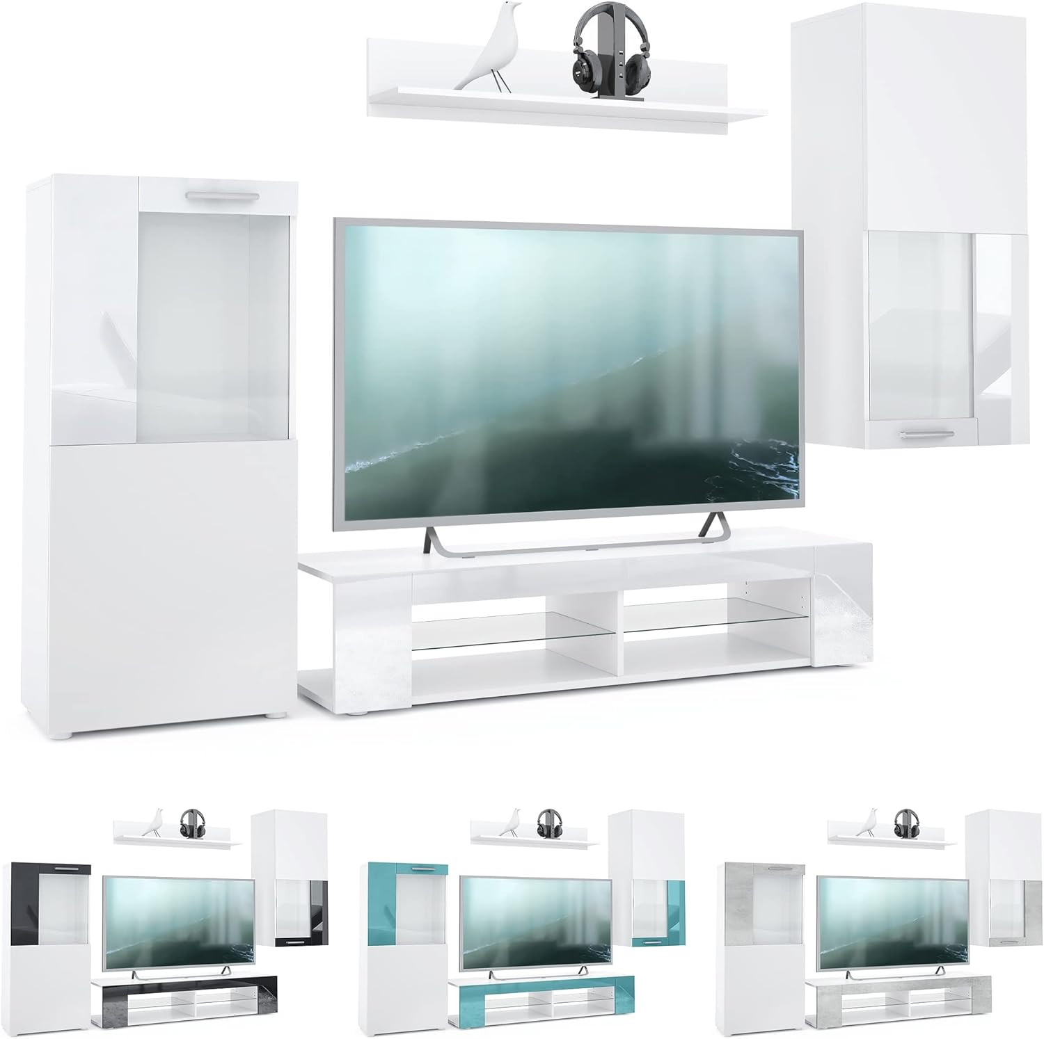 Vladon Wohnwand Movie, Anbauwand bestehend aus 1 TV-Board, 2 Vitrinen und 1 Regal, Weiß matt/Weiß matt/Schwarz Hochglanz (Gesamt: 300 x 190 x 39 cm)