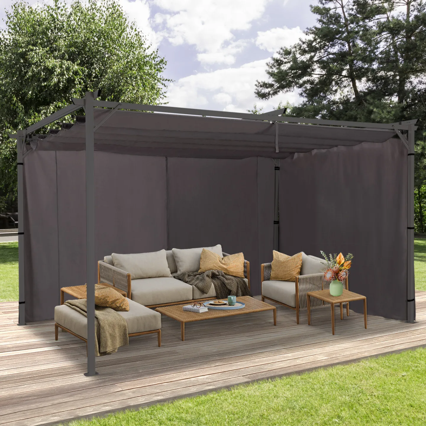 Lot de 2 rideaux pour pergola 3 et 4 M gris panneaux muraux avec fermeture éclair
