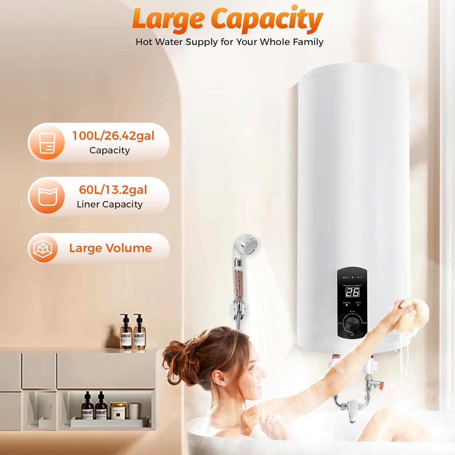 Warmwasserspeicher Boiler 50L/80L/100L/120L, Energiesparend 2000W Vertikaler Wandmontierter warmwasserboiler mit LED-Temperaturanzeigee für Badezimmer, Friseursalons Smart Boiler (100L)