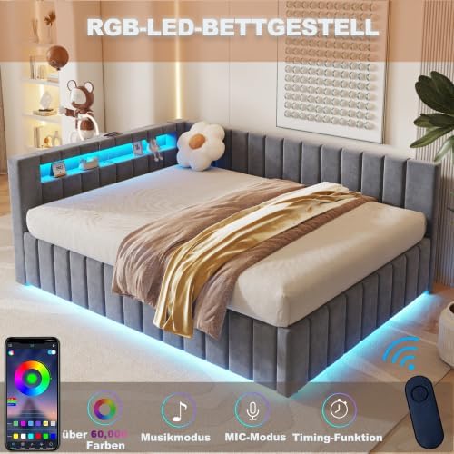 Polsterbett Schlafsofa 140x200, Doppelbett mit Hydraulischem Stauraum, mit LED-Licht und USB-Ladefunktion, Tagesbett Jugendbett mit Lattenrost, Samtstoff, ohne Matratze (Grau)
