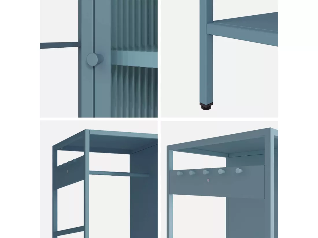 Dressing en métal bleu. industriel. penderie. 4 espaces de rangement. casiers
