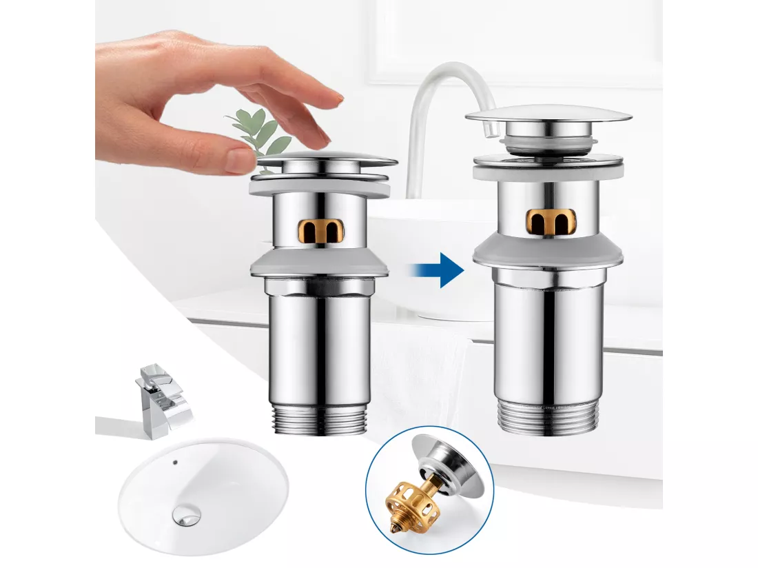 Auralum max Bonde de Lavabo Universelle avec Trop-Plein,Valve Pop-Up pour lavabo-Bonde d'écoulement en laiton (Chromé, avec Panier à Crépine)