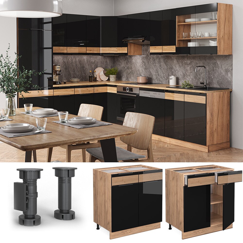 Vicco Schubunterschrank Küchenschrank Küchenmöbel Fame-Line Eiche Schwarz 80 cm modern Hochglanz