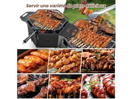 Barbecue de Charbon de Bois Portable avec Grille Rotative à 360°, Barbecue Portable avec Poignées Corps et Pieds Pliables, pour Pique-Nique, CamBoisg, Randonnée