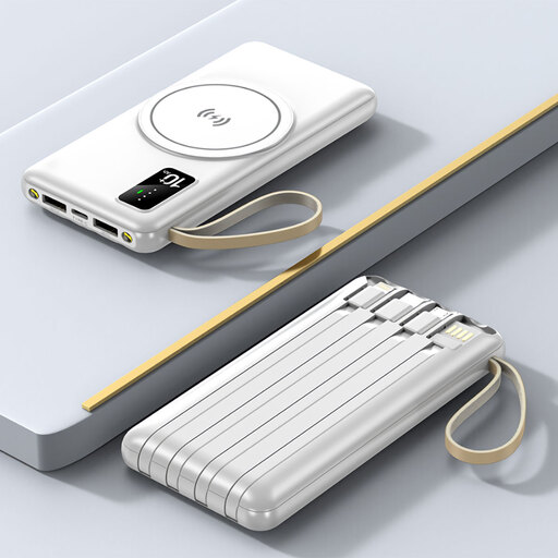 Power Bank Smartek de 10.000 mAh com 4 cabos integrados e carregamento sem fio Qi.