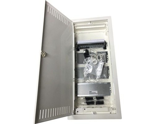 Hager VH48NW volta Multimedia IP30 inbouwverdeler, kunststof, 4-rijig, met gesleufde stalen deur, wit, BxHxD 314x721x90 mm