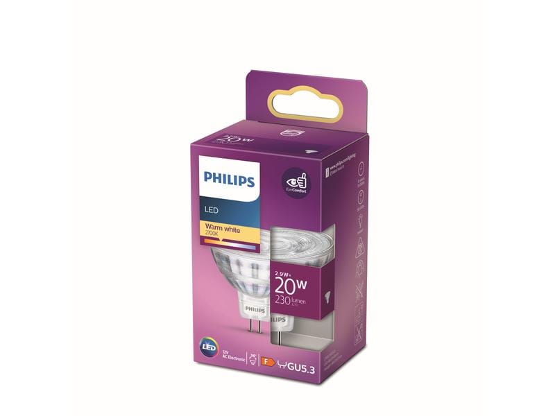 Philips Lampe 2.9 W (20 W) GU5.3 Warmweiss Warmweisses LED-Leuchtmittel MR16 mit mattem Glas