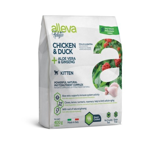 Alimento holístico Alleva para gatinhos, sabor pato e frango.