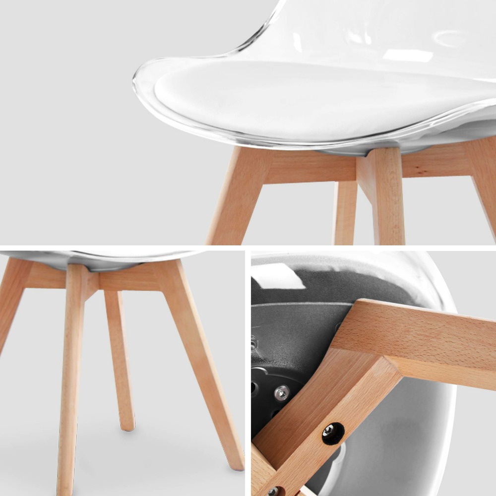 Lot de 4 chaises scandinaves - lagertha - pieds bois. Fauteuils 1 place. Coussin blanc. Coque transparente