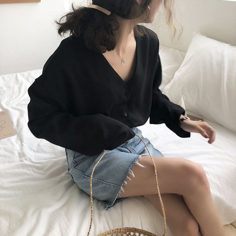 Alfie - Blouse van effen chiffon met lange mouwen en V-hals