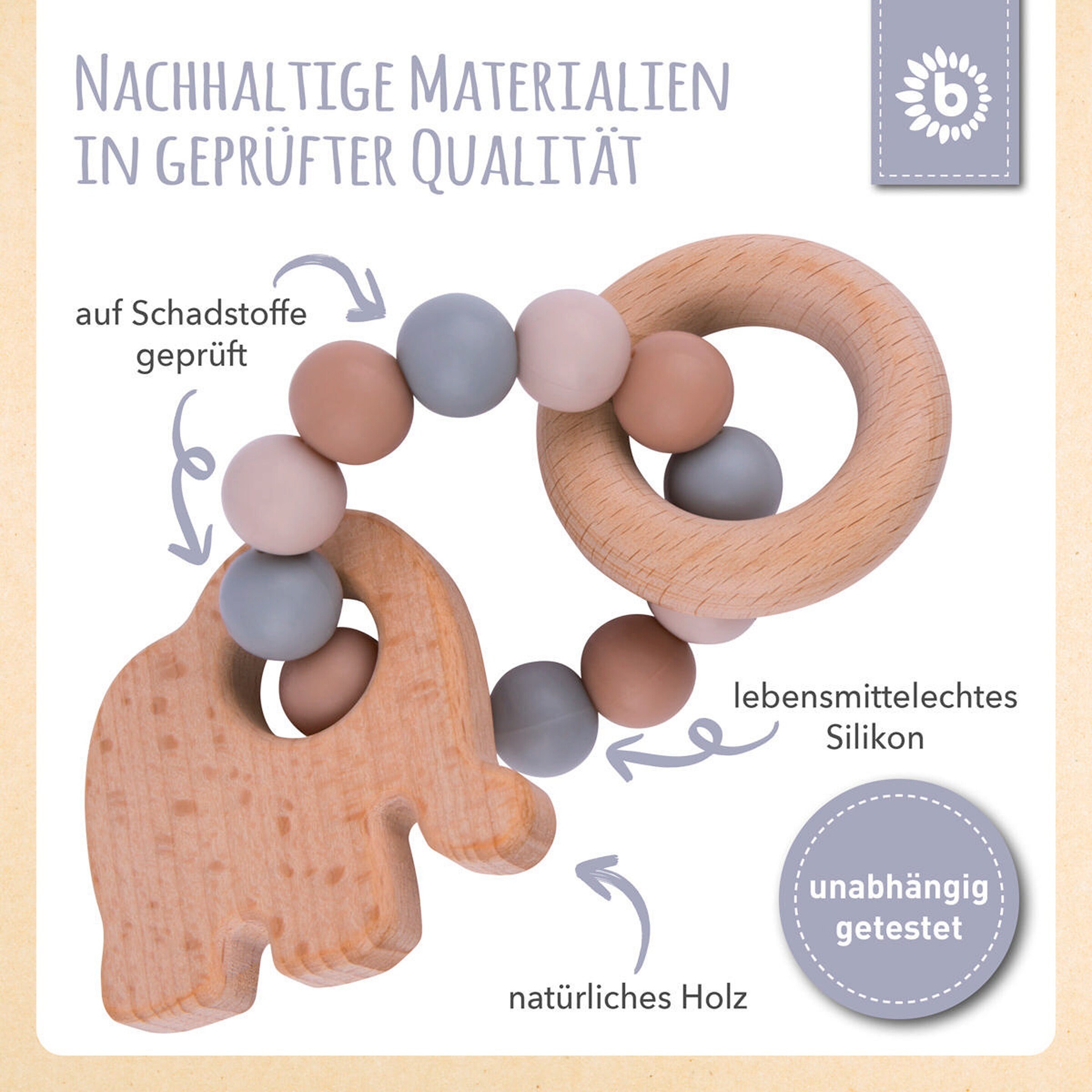 Bieco Greifling Holz Natur mit Silikon Elefant - ab Geburt Beige