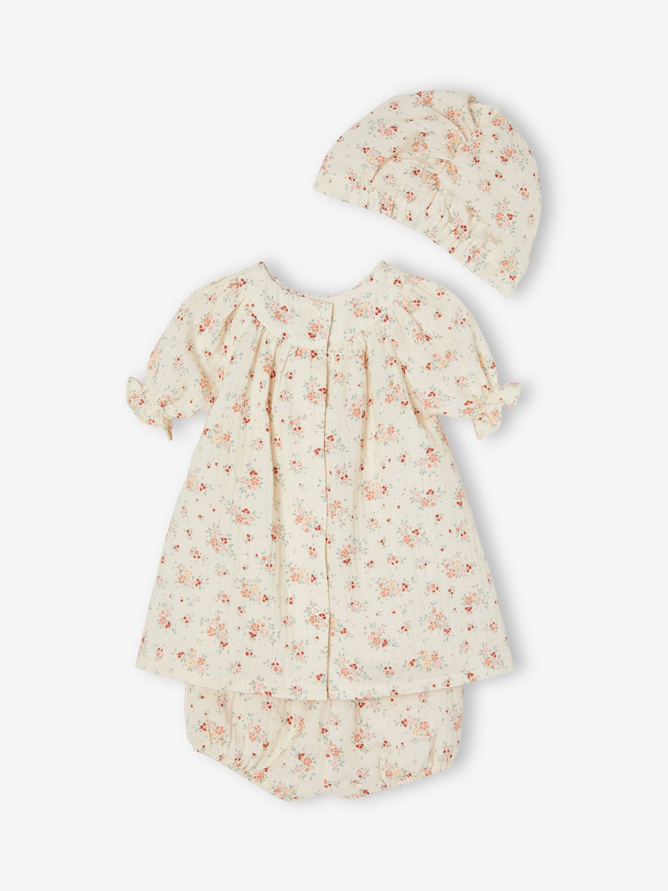 Conjunto de roupa de bebê de 3 peças em chiffon de algodão: vestido + calcinha + turbante bege