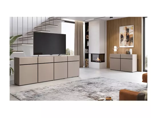 Buffet XL coloris beige et noir 225cm collection HAVANA. Bahut design avec 4 portes et 4 tiroirs.