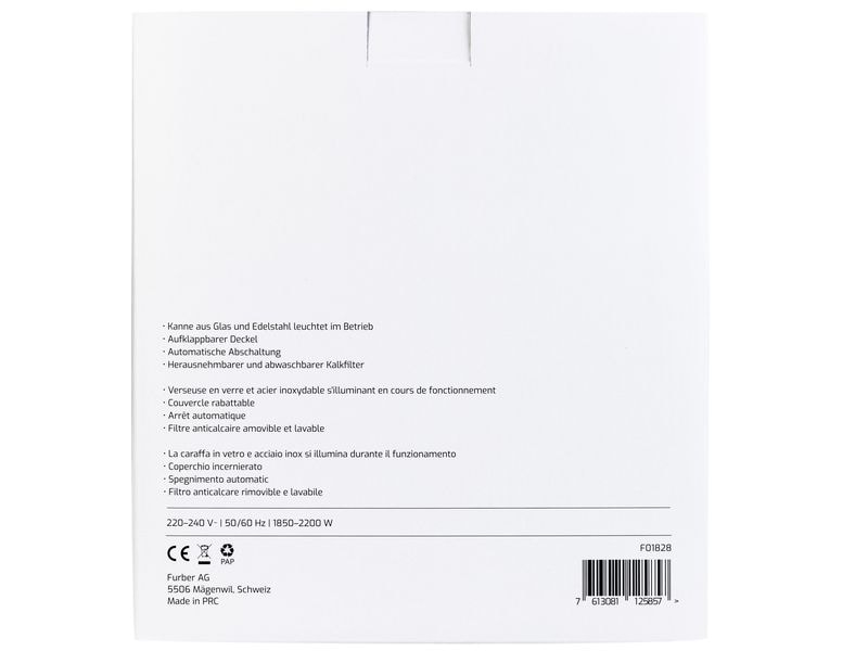 FURBER Wasserkocher Vetro 1.7 l, Silber/Transparent Wasserkocher mit 360°-Sockel mit Kabelaufwicklung