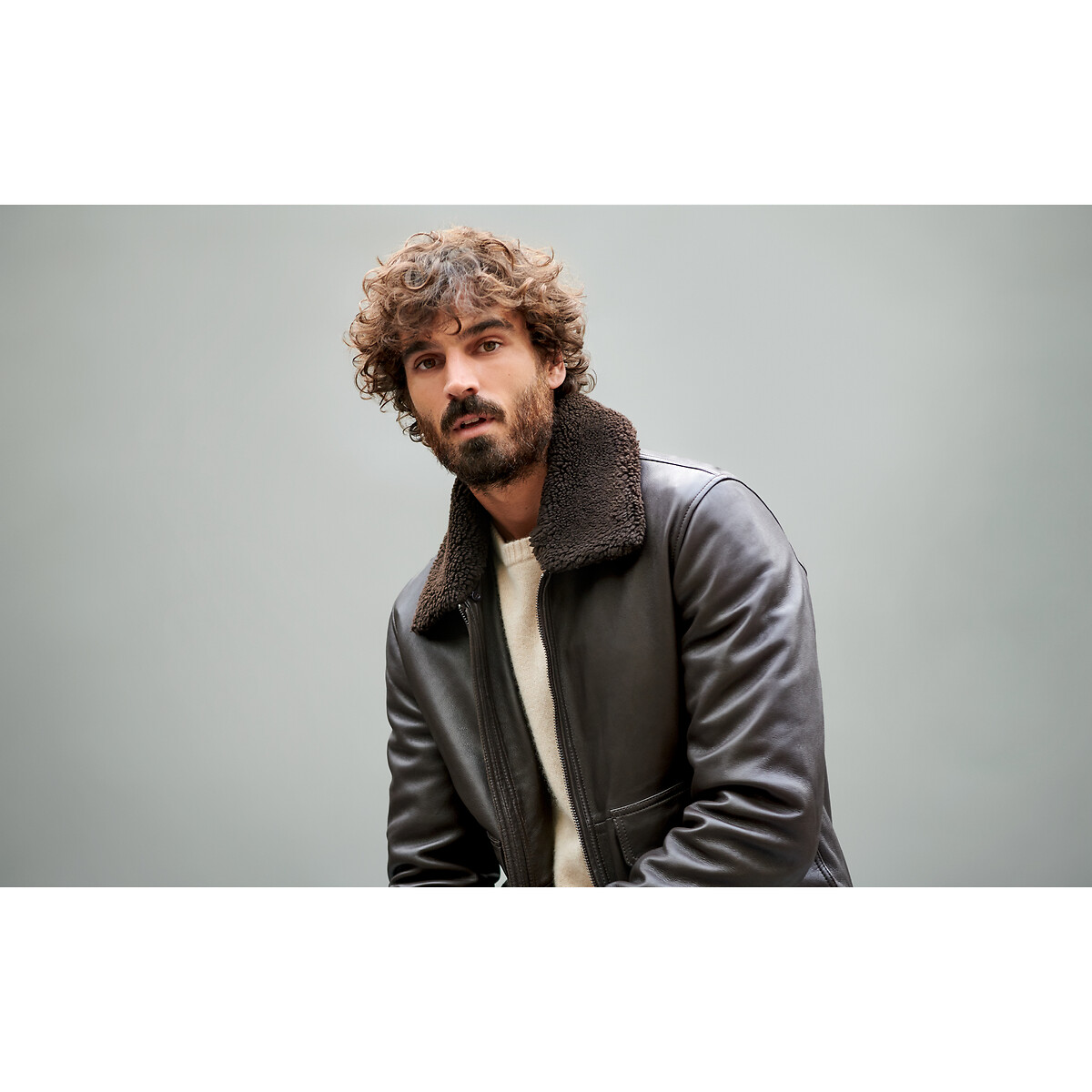 COLEÇÕES LA REDOUTE<br>Jaqueta aviador em couro liso, gola em sherpa