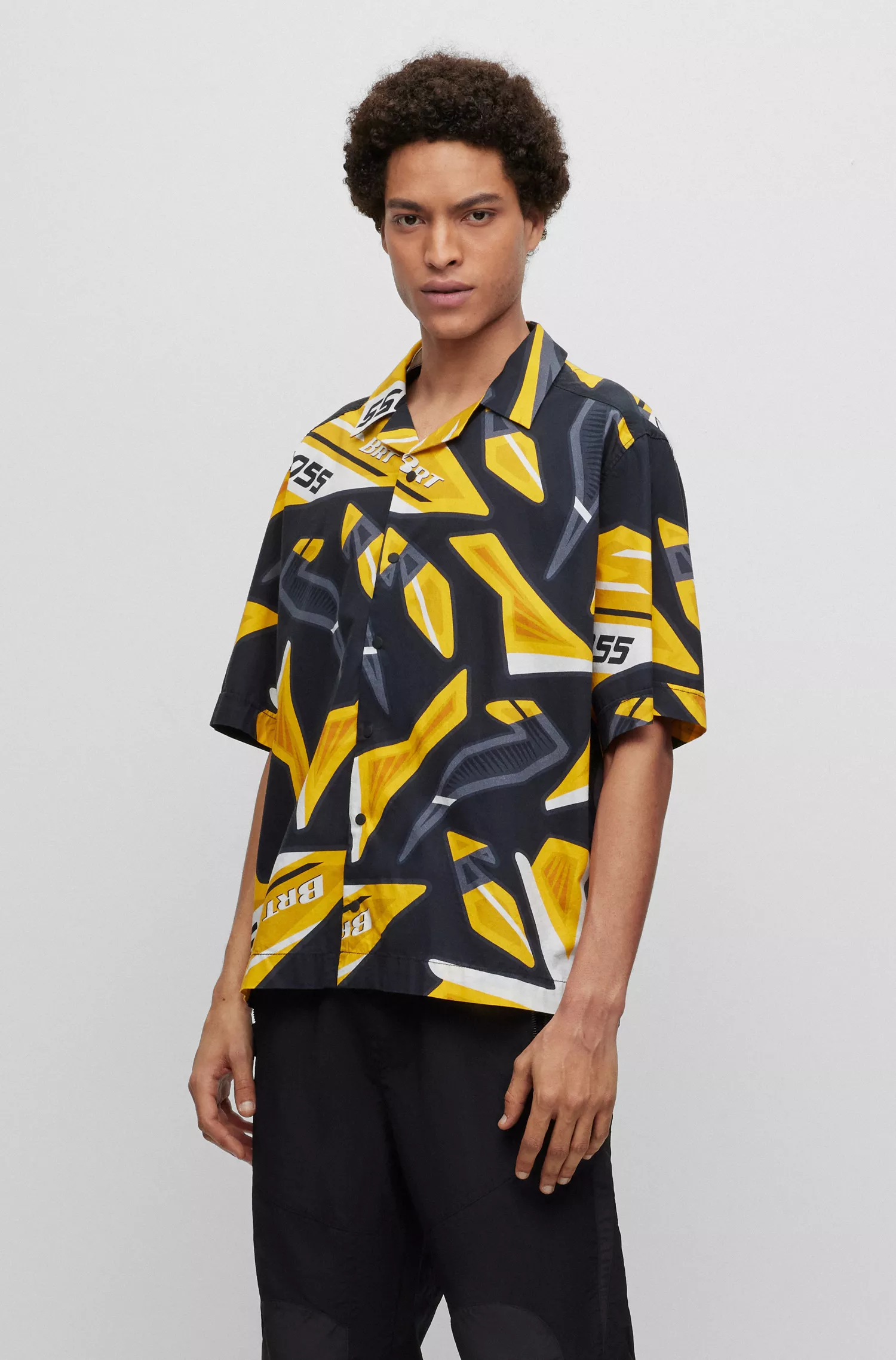 Camisa BOSS laranja de modelagem relaxada em popeline de algodão estampado.