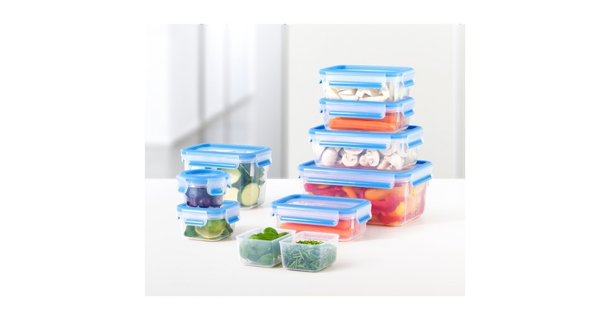 EmsaClip & Close vershoudbakjes, 5-delige set, 0,15 / 0,25 / 0,55 L doos  (Transparant/blauw, 1x rond + 4x rechthoekig)
