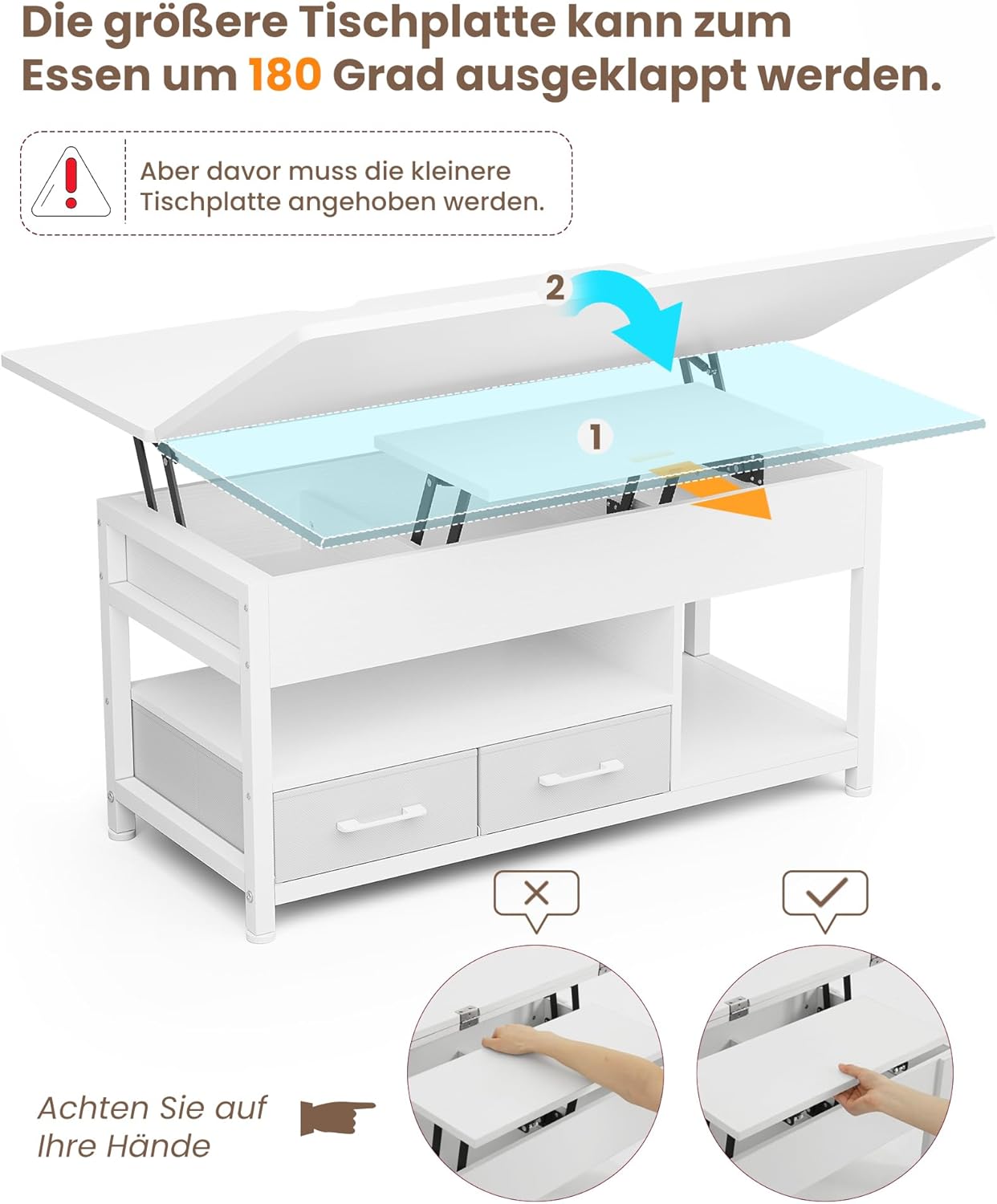 Couchtisch Höhenverstellbar, 3-in-1-Multifunktions-Wohnzimmertisch, Couchtisch mit 2 Schubladen, Kaffeetisch, Versteckte Aufbewahrung, Offenes Fach, Als Esstisch nutzbar, für Wohnzimmer, Büro, Weiß
