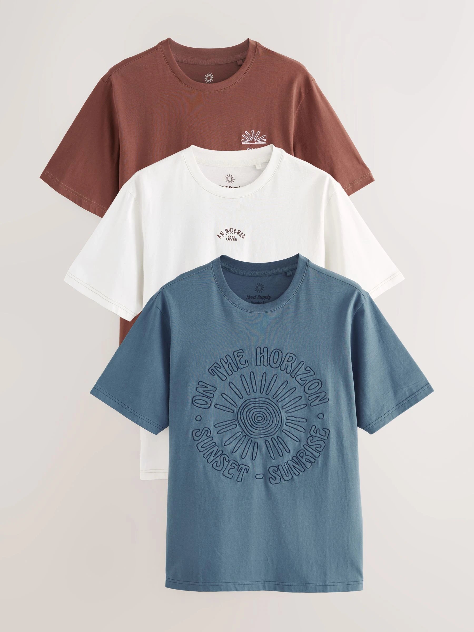 Wit/blauw/bruin - Normale Pasvorm - Set van 3 T-shirts met print