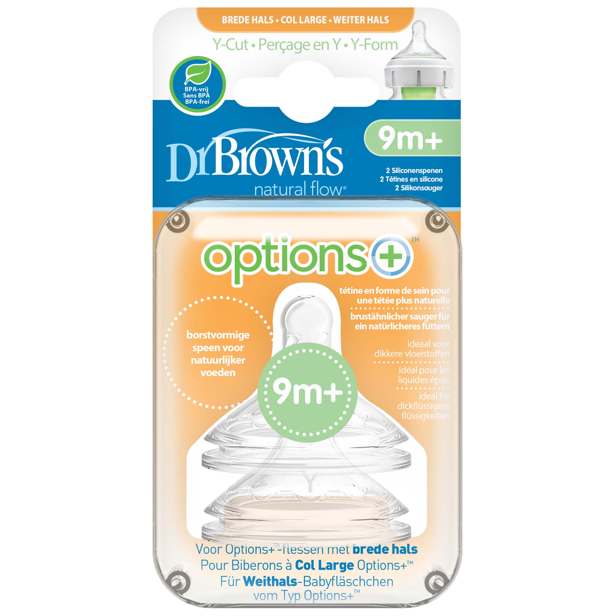 Dr Brown's Options+ Anti-colic Y-cut Brede Hals speen 2 stuks transparant
