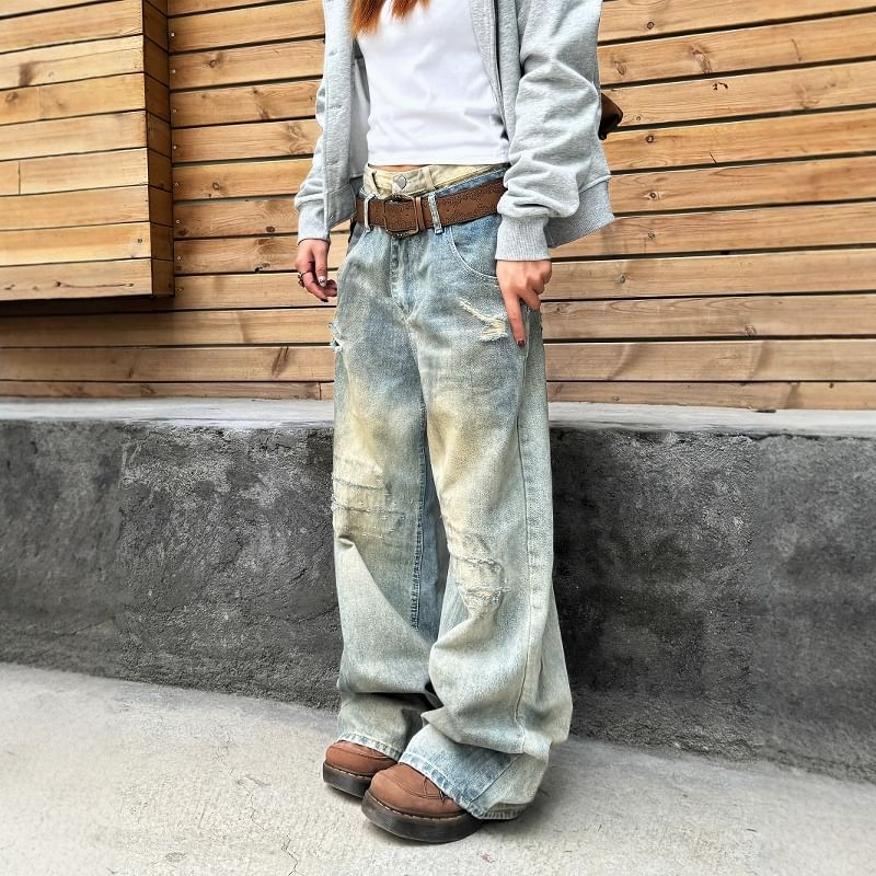 GRAYCIOUS - Mock Two-Piece Mid Rise Washed Distressed Wide Leg Jeans