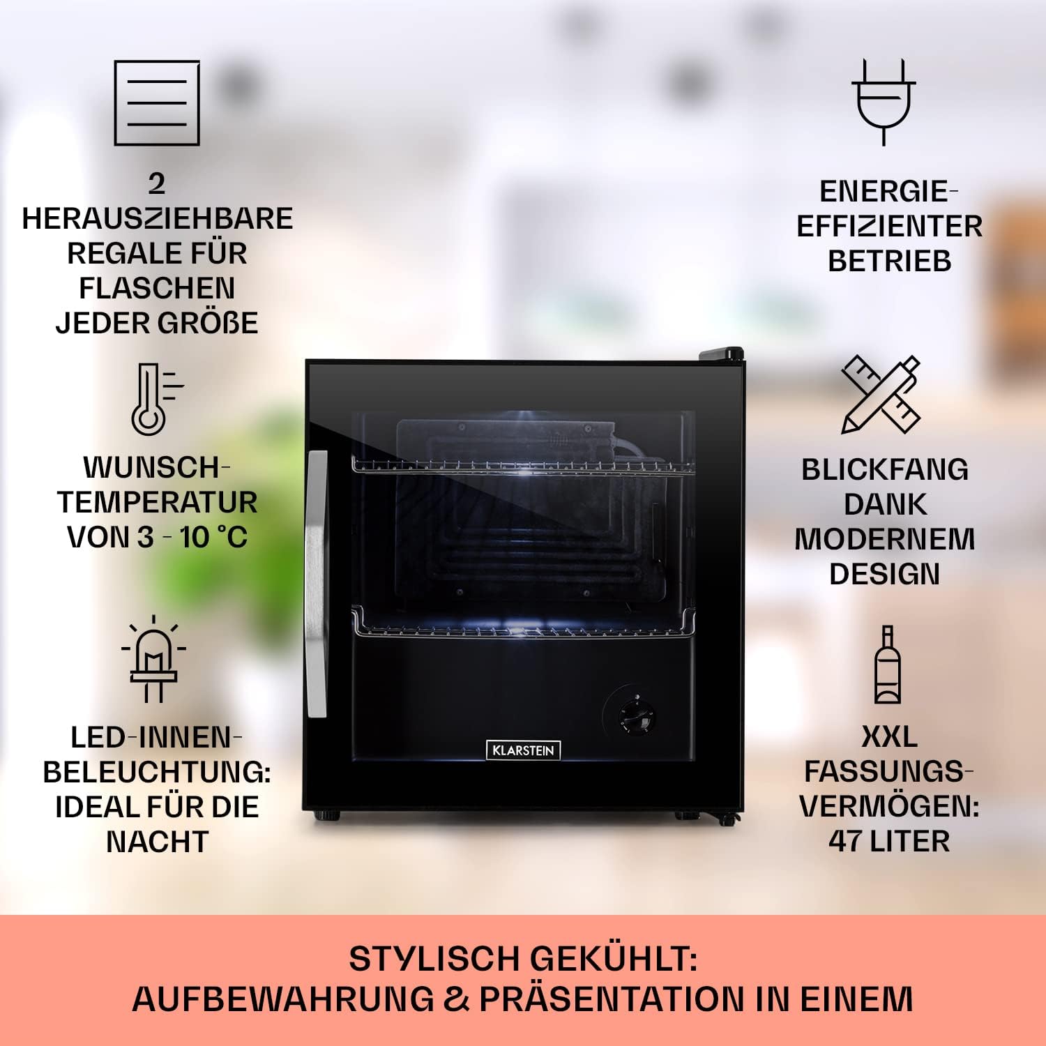 Klarstein Mini Kühlschrank mit Glastür, für Zimmer, Getränkekühlschrank Verstellbaren Ablagen, Kleiner 47 Liter, Indoor/Outdoor Leise