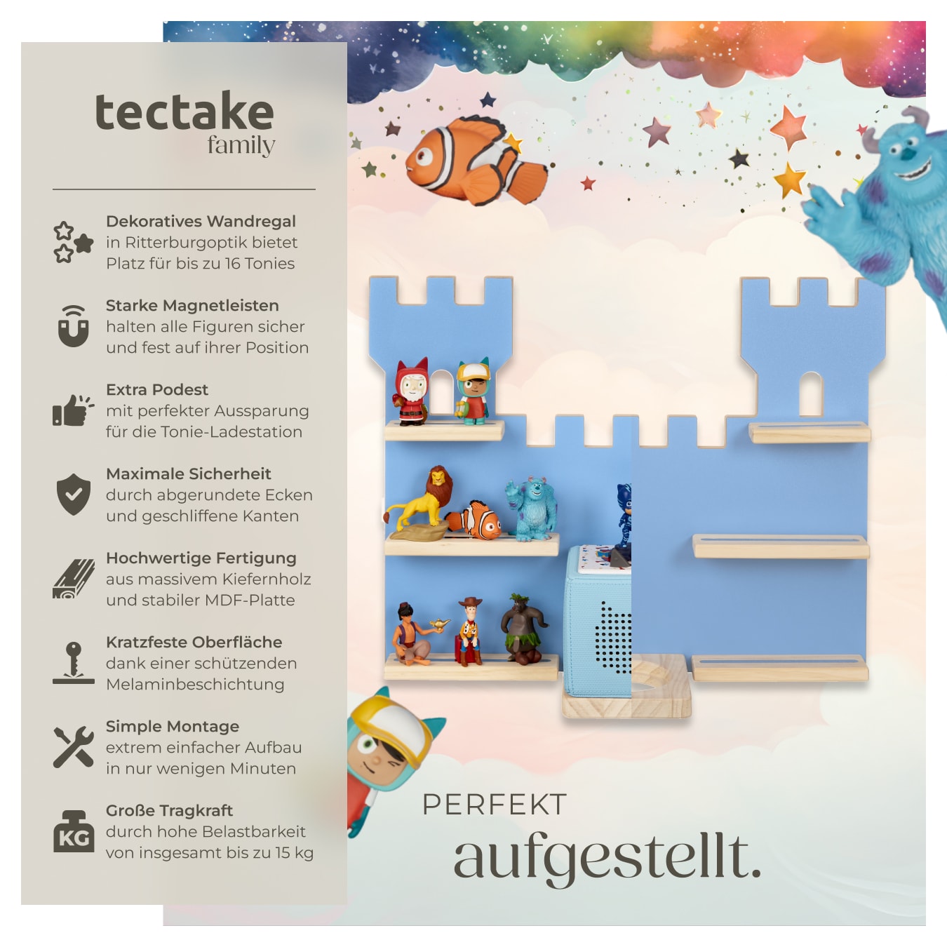 tectake® Wandregal, für bis zu 16 Tonies, abgerundete Ecken, 56 x 15,5 x 43 cm, unsichtbare Aufhängung