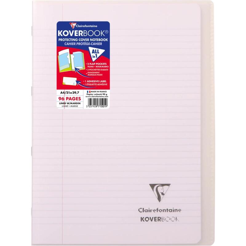 Cahier piqué Koverbook A4 96 pages ligné + marge couverture polypropylène transparent - Assortis