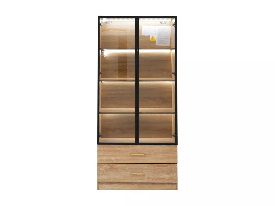 Vitrine、Meuble de salle de bain avec LED - 2 tiroirs et 2 portes vitrées - Naturel