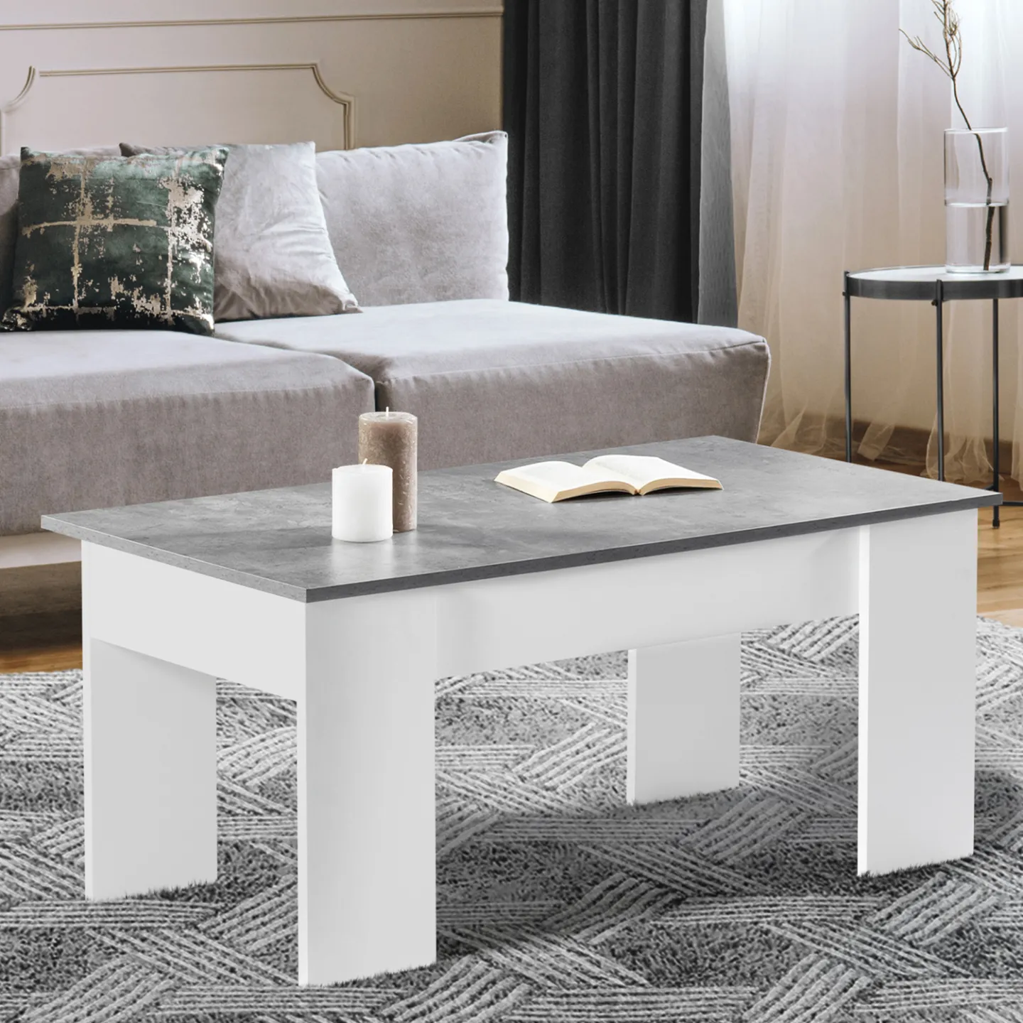 Table basse plateau relevable rectangulaire TARA bois blanc et effet béton