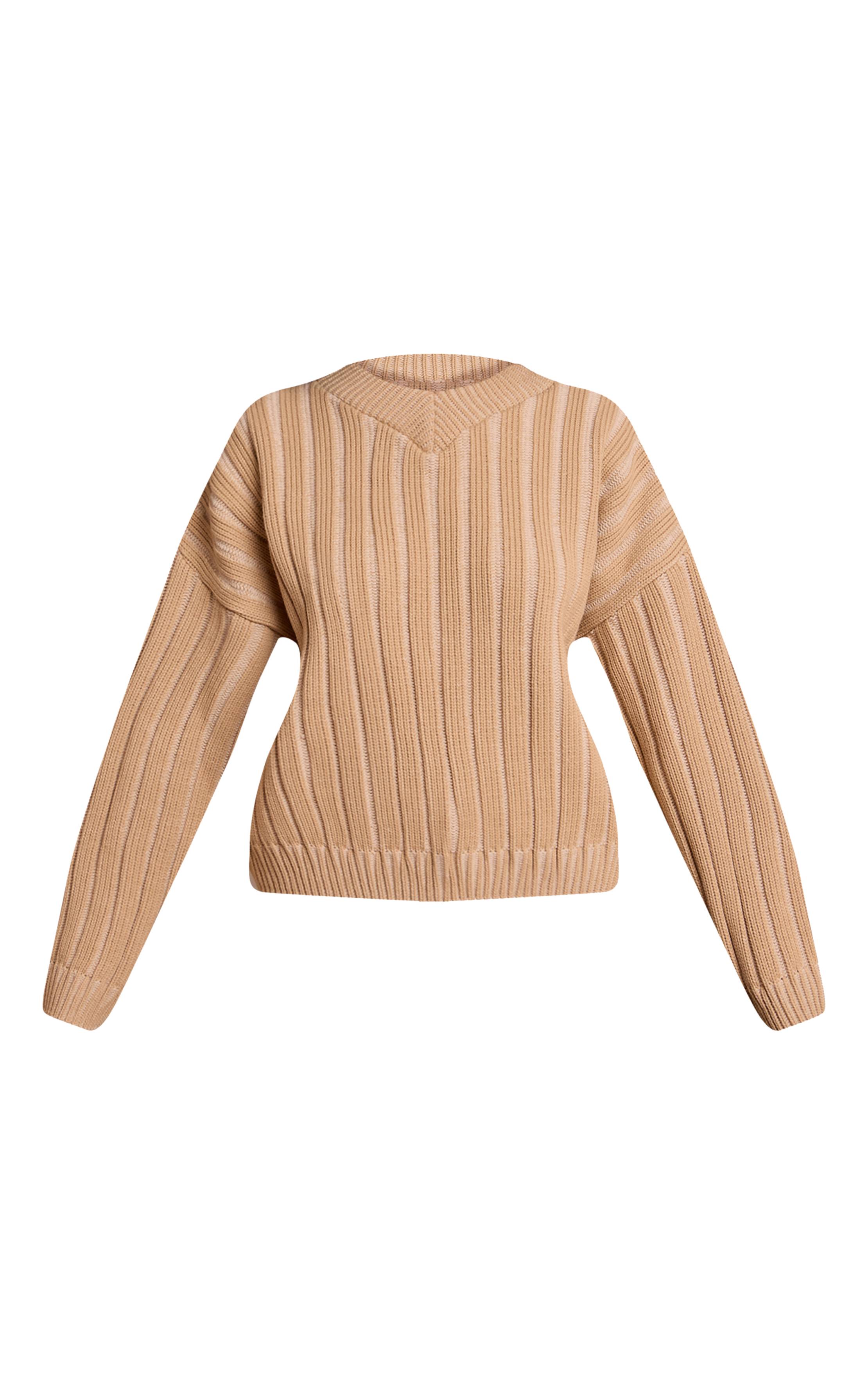 Beige Synthétiquell En Maille Côtelée Épaisse Col V Petite Taille