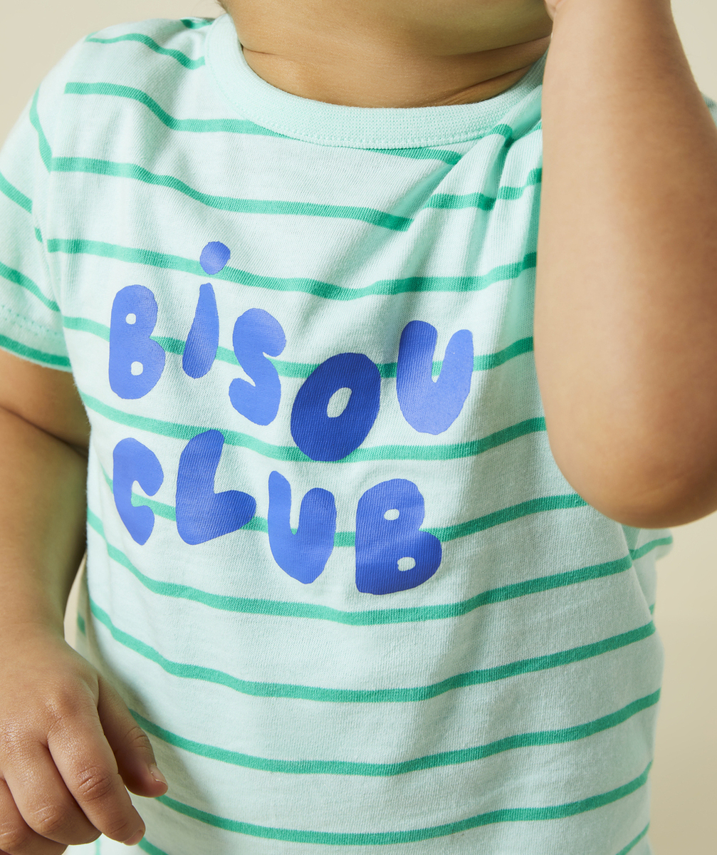 t-shirt bébé garçon en coton bio vert à rayures thème bisous