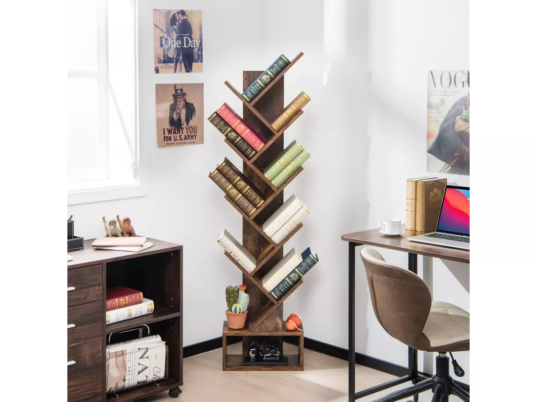 Bibliothèque à 8 niveaux en forme arbre avec tiroir tissu amovible, marron