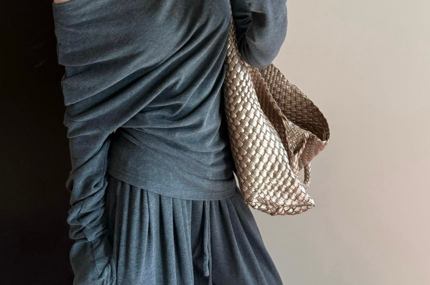 Strawolf - Details One-Shoulder Plain Tee / Drawstring Wide-Leg Pants