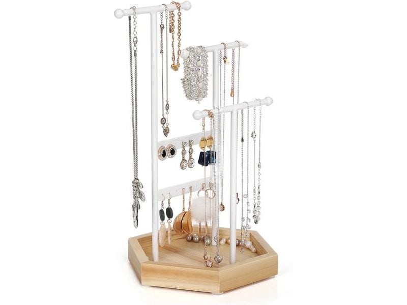 Songmics Schmuckhalter 36 cm, Weiss-Natur Schmuckständer mit Schale