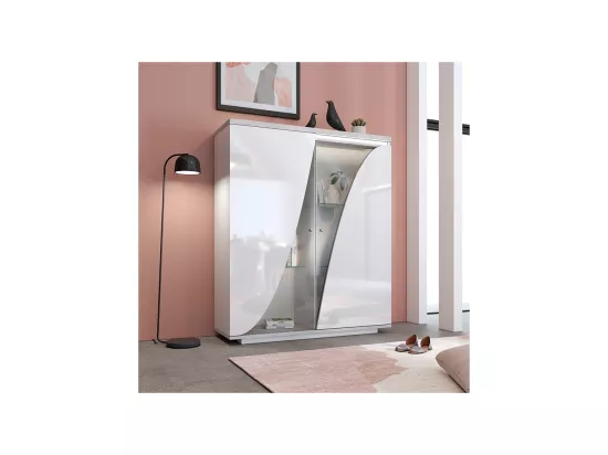 Vaisselier 2 portes Blanc Laqué avec LED - LUNEA