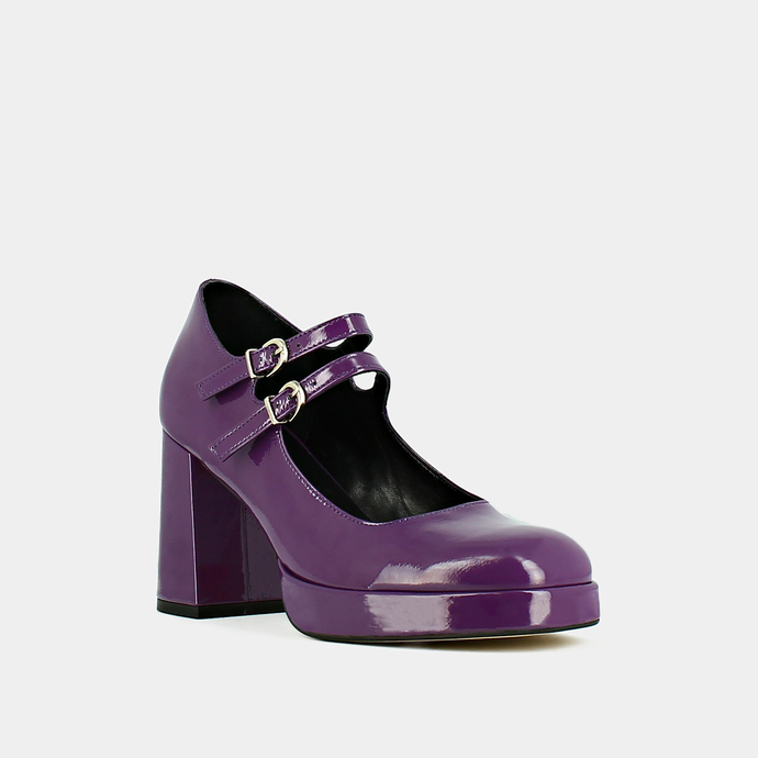Babies à doubles brides et plateformes  en vernis plissé violet