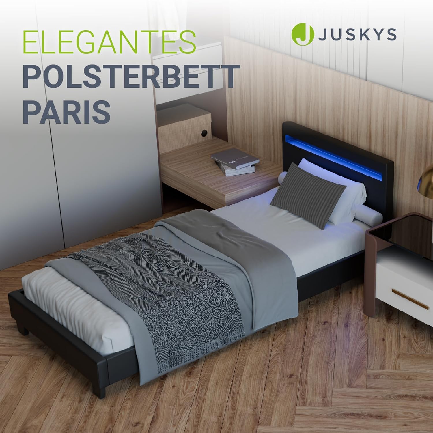 Juskys Polsterbett Paris 90x200 cm mit LED-Beleuchtung, Lattenrost & Kopfteil, Bett mit Gestell aus Holz & Kunstleder Bezug, schwarz