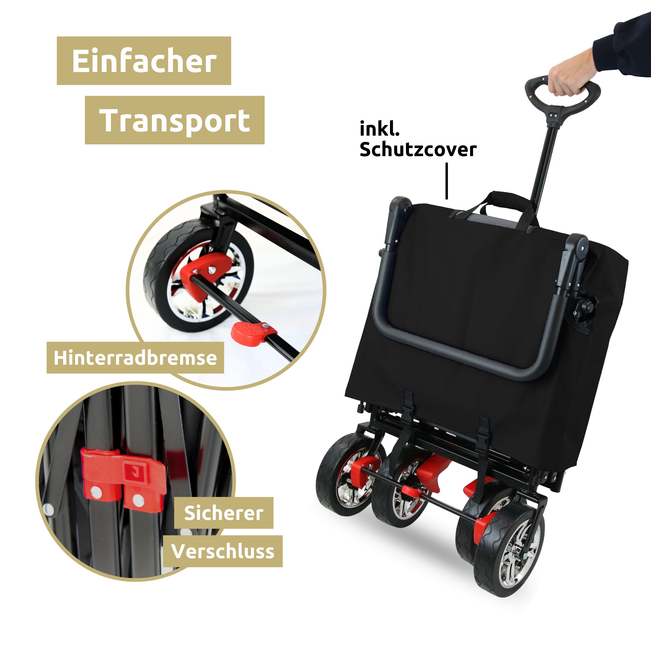 deluxe4home® Bollerwagen | Transportwagen faltbar mit Dach | Schwarz/Grau