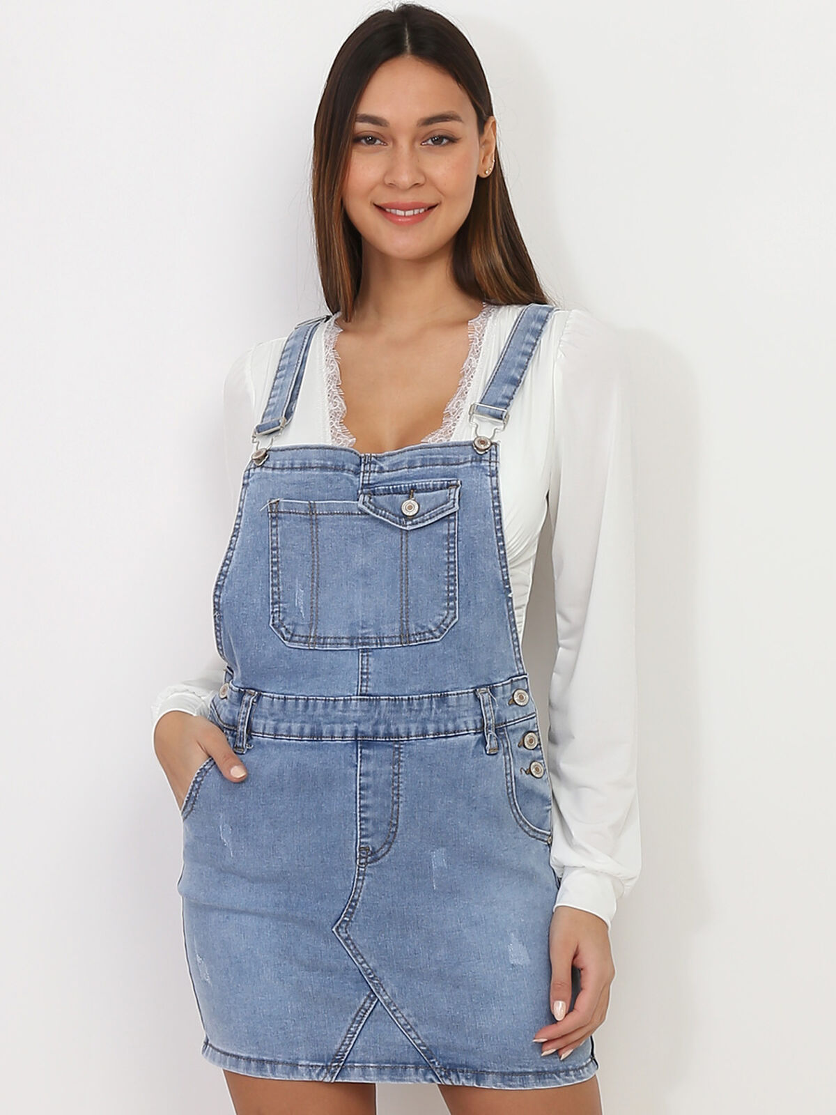 Robe salopette en denim- Bleu