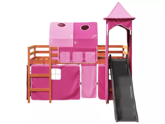 Lit mezzanine enfants avec tour rose 80x200cm bois pin massif