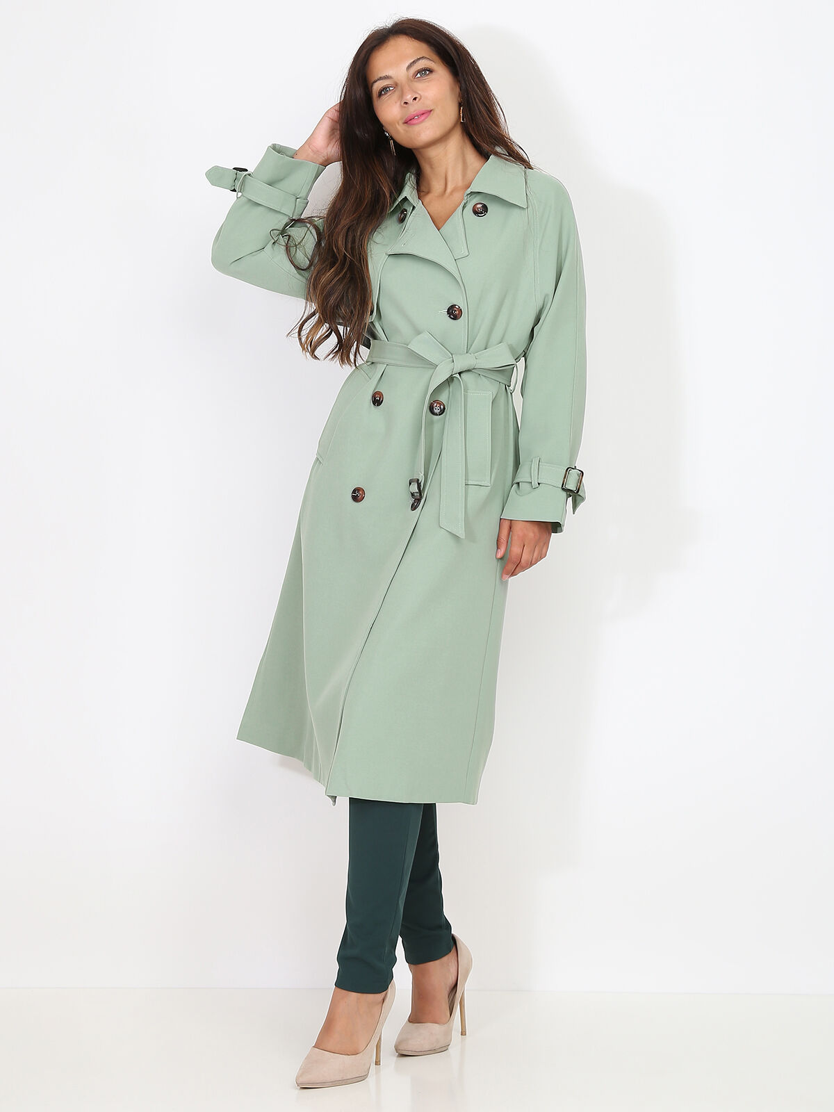 Trench mi-long droit ceinturé- Vert clair