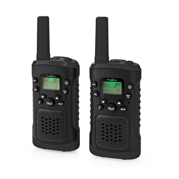 Nedis Walkie-Talkie Set | 2 håndsett | Opp til 6 km | Frekvens kanal: 8 | PTT / VOX | Opp til 3 timer | Hodetelefonutgang | 2 Hodesett | Sort