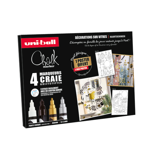 Coffret 4 marqueurs craie dont 1 noir pour décoration festive
