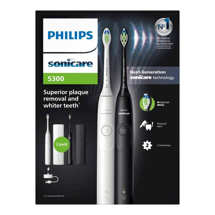 (2er Set) Sonicare 5300 Elektrische Zahnbürste Schallzahnbürste mit Induktiver Ladestation   Aufbewahrungsbox (HX7109/01) - Schwarz / Weiss