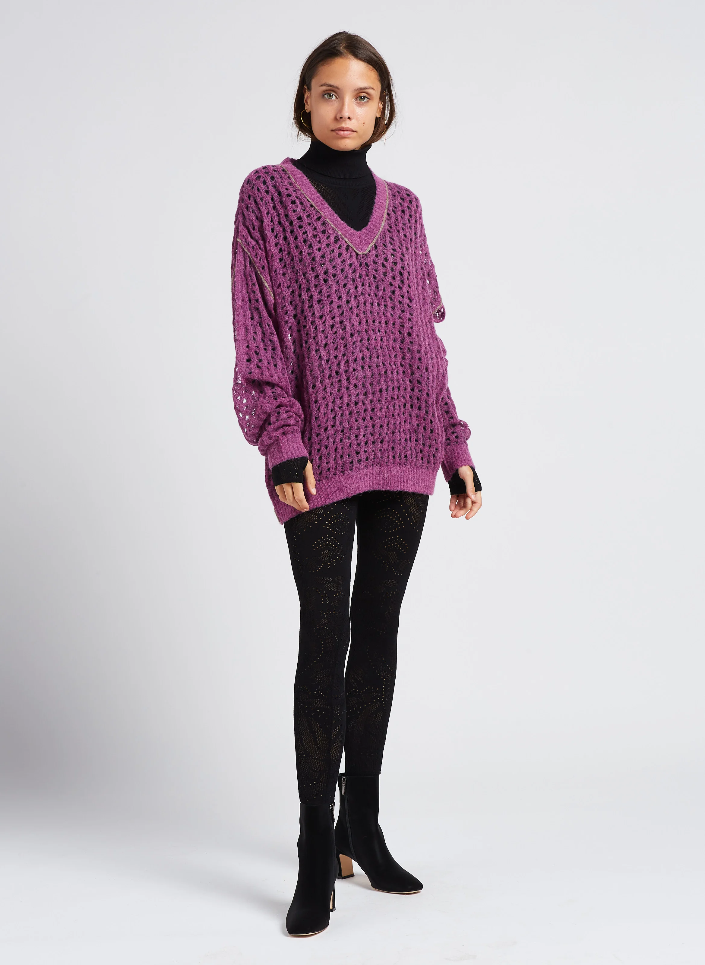 TAKEKO - Pull col V en maille filet | Rose