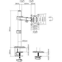 Bras support pour écran, longueur bras 200 mm, noir