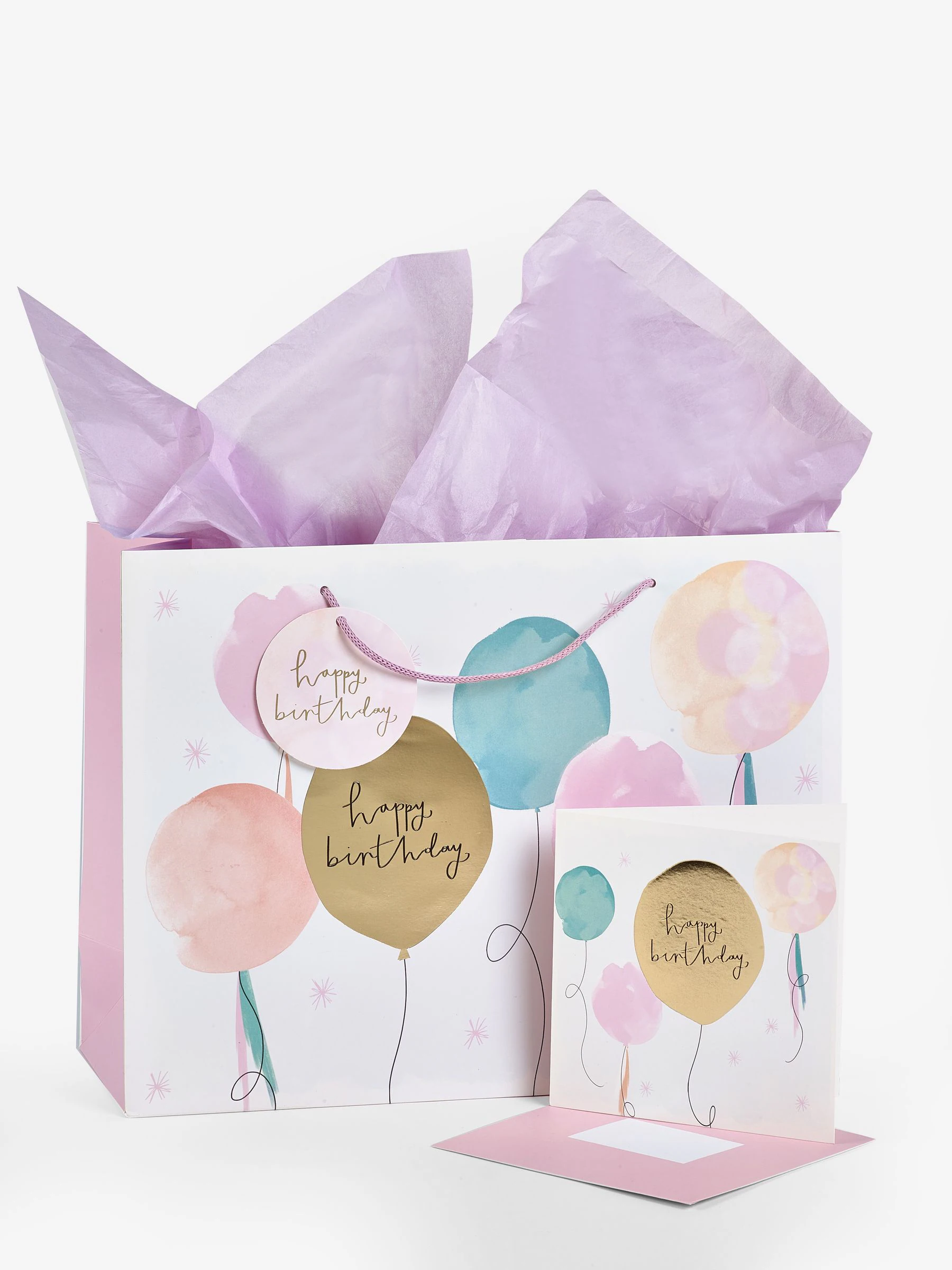 Pastelkleurige cadeautas en kaartset met ballonnenprint