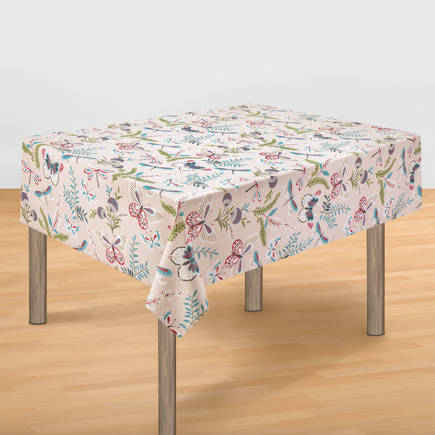 Acryl-Tischdecke mit Blattmuster und farbigen Schmetterlingen